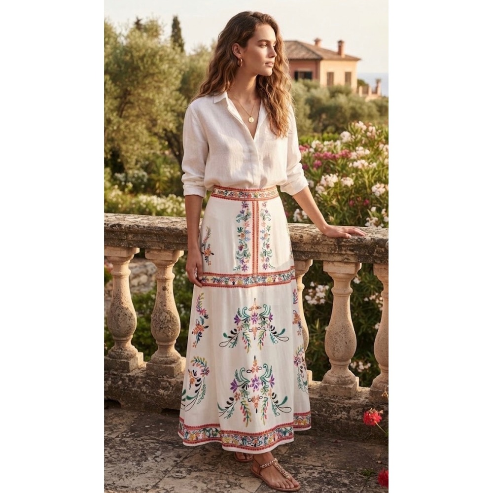 Champagne & Strawberry Ivory Floral Embroidered Hyacinth Maxi Skirt NWT Womens S